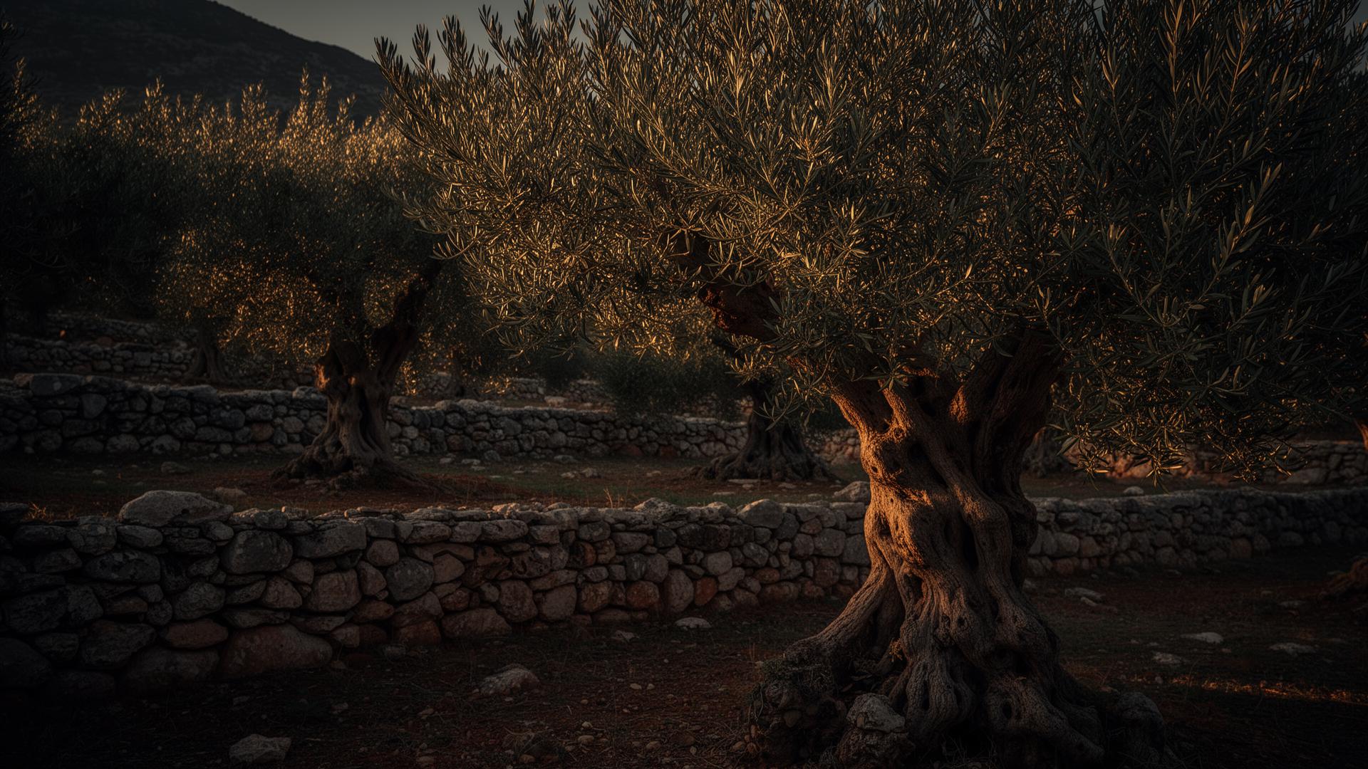 Ελαιώνες στη Μάνη το ηλιοβασίλεμα